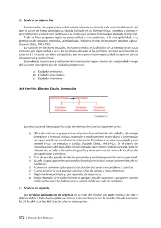572 | HORACIO LUIS BARRAGÁN
d.- Servicio de internación
La internación de un paciente cambia sustancialmente su ritmo de vida normal a diferencia del
que se asiste en forma ambulatoria. Queda limitado en su libertad física, sometido a normas y
procedimientos asistenciales continuos. Las visitas casi siempre tienen algún grado de restricción.
Todo lo hace propenso según su personalidad y circunstancias, a la susceptibilidad, a la
percepción de pequeños estímulos, la irritabilidad. “Observa el resto del mundo en posición supina”
(Fajardo Ortiz, 1983:290).
La tradición en efectores estatales, en nuestro medio, es la división de la internación en salas
comunes por especialidad y sexo. En las últimas décadas se ha preferido construir o remodelar en
salas de 3 ó 4 camas con baño compartido, por sexo pero no por especialidad excepto en ciertas
situaciones (vg. parturientas).
La tendencia moderna es a la división de la internación según criterios de complejidad y riesgo
del paciente por el principio de cuidados progresivos:
a) Cuidados ordinarios.
b) Cuidados intermedios.
c) Cuidados intensivos.
AM Servicios Directos Finales. Internación
Cuadro 5.c
La estructura está formada por las salas de internación y por las siguientes áreas:
a) Ofice de enfermería, que es a la vez el centro de coordinación de cuidados, de manejo
de registros e historias clínicas, materiales y medicamentos de uso diario y debe ocupar
un lugar central con una distancia máxima de 35 metros a la cama más alejada y con
control visual de entradas y salidas (Fajardo Ortiz, 1983:462). Es el centro de
comunicaciones del área, debe recibir llamadas (por timbre y luz) desde cada cama de
internación, acceder a llamadas a la guardia y otros servicios así como a la localización
de supervisoras y médicos.
b) Área de vestido, guarda de efectos personales y sanitarios para enfermería y personal.
c) Sala de día para pacientes que puedan deambular e incluso tomar raciones fuera de su
habitación.
d) Accesos y corredores aptos para la circulación de camas transportables y camillas.
e) Cuarto de utilería para guardar camillas, sillas de ruedas y otros elementos.
f) Depósito de ropa limpia y, por separado, de ropa sucia.
g) Según el tamaño del establecimiento se agregan: área de curaciones –aunque en nuestro
medio se hacen en las habitaciones– sala de médicos y sala de familiares.
e.- Servicio de urgencia
Los servicios ambulatorios de urgencia en la sede del efector son parte esencial de éste y
deben existir en todos los hospitales o clínicas. Estos efectores tienen la característica de funcionar
las 24 hs. del día y los 365 días del año sin interrupción.
Servicios finales Internación
Cuidados
ordinarios
Cuidados
intermedios
Cuidados
intensivos
 