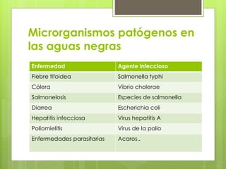 Microrganismos patógenos en
las aguas negras
Enfermedad Agente infeccioso
Fiebre tifoidea Salmonella typhi
Cólera Vibrio cholerae
Salmonelosis Especies de salmonella
Diarrea Escherichia coli
Hepatitis infecciosa Virus hepatitis A
Poliomielitis Virus de la polio
Enfermedades parasitarias Acaros..
 