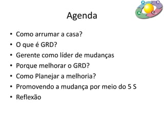 Agenda
• Como arrumar a casa?
• O que é GRD?
• Gerente como líder de mudanças
• Porque melhorar o GRD?
• Como Planejar a melhoria?
• Promovendo a mudança por meio do 5 S
• Reflexão
 