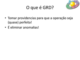 O que é GRD?
• Tomar providencias para que a operação seja
(quase) perfeita!
• É eliminar anomalias!
 