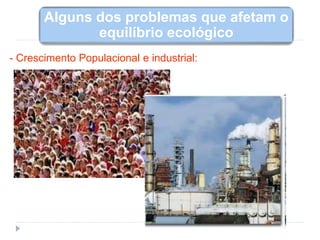 - Crescimento Populacional e industrial:
Alguns dos problemas que afetam o
equilíbrio ecológico
 