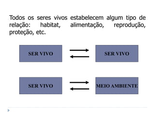 Todos os seres vivos estabelecem algum tipo de
relação: habitat, alimentação, reprodução,
proteção, etc.
SER VIVO SER VIVO
SER VIVO MEIO AMBIENTE
 