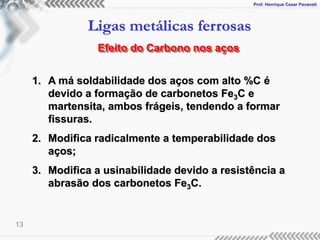 Prof. Henrique Cezar Pavanati
Ligas metálicas ferrosas
13
1. A má soldabilidade dos aços com alto %C é
devido a formação de carbonetos Fe3C e
martensita, ambos frágeis, tendendo a formar
fissuras.
2. Modifica radicalmente a temperabilidade dos
aços;
3. Modifica a usinabilidade devido a resistência a
abrasão dos carbonetos Fe3C.
Efeito do Carbono nos aços
 