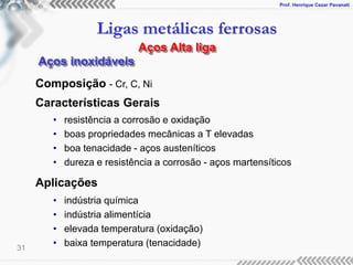 Prof. Henrique Cezar Pavanati
Ligas metálicas ferrosas
31
Aços Alta liga
Aços inoxidáveis
Composição - Cr, C, Ni
Características Gerais
• resistência a corrosão e oxidação
• boas propriedades mecânicas a T elevadas
• boa tenacidade - aços austeníticos
• dureza e resistência a corrosão - aços martensíticos
Aplicações
• indústria química
• indústria alimentícia
• elevada temperatura (oxidação)
• baixa temperatura (tenacidade)
 
