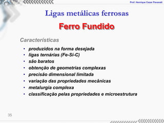 Prof. Henrique Cezar Pavanati
Ligas metálicas ferrosas
35
Ferro Fundido
Características
• produzidos na forma desejada
• ligas ternárias (Fe-Si-C)
• são baratos
• obtenção de geometrias complexas
• precisão dimensional limitada
• variação das propriedades mecânicas
• metalurgia complexa
• classificação pelas propriedades e microestrutura
 