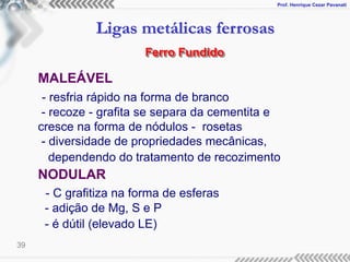 Prof. Henrique Cezar Pavanati
Ligas metálicas ferrosas
39
MALEÁVEL
- resfria rápido na forma de branco
- recoze - grafita se separa da cementita e
cresce na forma de nódulos - rosetas
- diversidade de propriedades mecânicas,
dependendo do tratamento de recozimento
NODULAR
- C grafitiza na forma de esferas
- adição de Mg, S e P
- é dútil (elevado LE)
Ferro Fundido
 