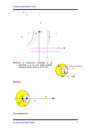 Cuaderno de Actividades: Física II


                 E-
                       y                 ET




                                          E+




                                         0,9
                            0      0,5                      x

            E+                                     E+




S1P7) En la distribución mostrada ρ0 es
      constante y q0 es una carga puntual.
                                                                R0   ρ0         centro de la circunferencia
      Calcule la fuerza sobre q0 si d >> R0.                                          q0


                                                                     R0/2


                                                                            d

Solución:




            0          0’                      q
                                                        r
                R0/2            d
       R0
                 ρ0



Por superposición:



Lic. Percy Víctor Cañote Fajardo                                                              33
 