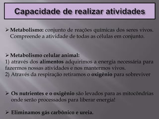 Metabolismo: conjunto de reações químicas dos seres vivos.
Compreende a atividade de todas as células em conjunto.
Metabolismo celular animal:
1) através dos alimentos adquirimos a energia necessária para
fazermos nossas atividades e nos mantermos vivos.
2) Através da respiração retiramos o oxigênio para sobreviver
 Os nutrientes e o oxigênio são levados para as mitocôndrias
onde serão processados para liberar energia!
 Eliminamos gás carbônico e ureia.
 