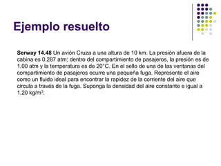 Ejemplo resuelto

Serway 14.48 Un avión Cruza a una altura de 10 km. La presión afuera de la
cabina es 0.287 atm; dentro del compartimiento de pasajeros, la presión es de
1.00 atm y la temperatura es de 20°C. En el sello de una de las ventanas del
compartimiento de pasajeros ocurre una pequeña fuga. Represente el aire
como un fluido ideal para encontrar la rapidez de la corriente del aire que
circula a través de la fuga. Suponga la densidad del aire constante e igual a
1.20 kg/m3.
 