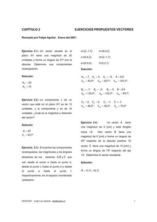 CAPÍTULO 2                                           EJERCICIOS PROPUESTOS VECTORES

Revisado por Felipe Aguilar. Enero del 2007.




Ejercicio 2.1.- Un vector situado en el                 a=(2,-1,7);         b=(9,4,2)
plano XY tiene una magnitud de 25
                                                        c=(9,4,2);          d=(2,-1,7)
unidades y forma un ángulo de 37º con la
abscisa.     Determine     sus        componentes       e=(0,0,0);          f=(2,2,1)

rectangulares.                                          Solución:

Solución:                                               A X = 7;     A y = 5;     A z = −5;    A = 9,9
                                                        θAx = 45,0º;      θAy = 59,7º;        θ Az = 120,3º;
A X = 20
A y = 15
                                                        B X = −7;     B y = −5;      Bz = 5;     B = 9,9
                                                        θBx = 135,0º;       θBy = 120,3º;        θBz = 59,7º,

Ejercicio 2.2.- La componente x de un
                                                        C X = 2;     C y = 2;     Cz = 1;     C == 3
vector que está en el plano XY es de 12
                                                        θCx = 48,2º;      θCy = 48,2º;        θCz = 70,5º
unidades, y la componente y es de 16
unidades. ¿Cuál es la magnitud y dirección
del vector?.
                                                        Ejercicio 2.4.-              Un vector A           tiene
Solución:
                                                        una magnitud de 9 [cm] y está dirigido
 A = 20                                                 hacia +X.         Otro vector B            tiene una
θx = 53,1º
                                                        magnitud de 6 [cm] y forma un ángulo de
                                                        45º respecto de la abscisa positiva. El
                                                        vector C tiene una magnitud de 15 [cm] y
Ejercicio 2.3.- Encuentre las componentes
                                                        forma un ángulo de 75º respecto del eje
rectangulares, las magnitudes y los ángulos
                                                        +X. Determine el vector resultante.
directores de los      vectores A,B y C que

van desde el punto a hasta el punto b,                  Solución:
desde el punto c hasta el punto d y desde
el   punto       e   hasta       el     punto   f,      R = 17,1i + 18,7ˆ
                                                                ˆ       j
respectivamente, en el espacio coordenado
cartesiano:




05/04/2007 Jorge Lay Gajardo. jlay@usach.cl                                                                        1
 