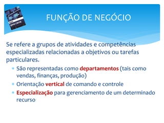 Se refere a grupos de atividades e competências
especializadas relacionadas a objetivos ou tarefas
particulares.
 São representadas como departamentos (tais como
vendas, finanças, produção)
 Orientação vertical de comando e controle
 Especialização para gerenciamento de um determinado
recurso
FUNÇÃO DE NEGÓCIO
 