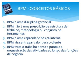 1. BPM é uma disciplina gerencial
2. BPM não é uma prescrição de estrutura de
trabalho, metodologia ou conjunto de
ferramentas
3. BPM é uma capacidade básica interna
4. BPM visa entregar valor para o cliente
5. BPM trata o trabalho ponta a ponta e a
orquestração das atividades ao longo das funções
de negócio
BPM - CONCEITOS BÁSICOS
 