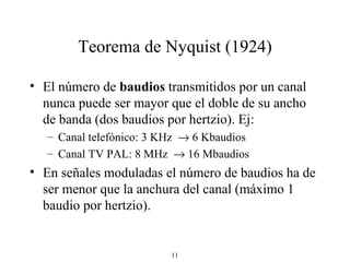 Teorema de Nyquist (1924) El número de  baudios  transmitidos por un canal nunca puede ser mayor que el doble de su ancho de banda (dos baudios por hertzio). Ej: Canal telefónico: 3 KHz    6 Kbaudios Canal TV PAL: 8 MHz    16 Mbaudios En señales moduladas el número de baudios ha de ser menor que la anchura del canal (máximo 1 baudio por hertzio). 
