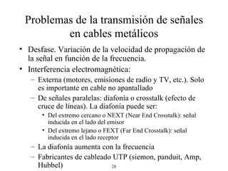 Problemas de la transmisión de señales en cables metálicos Desfase. Variación de la velocidad de propagación de la señal en función de la frecuencia. Interferencia electromagnética: Externa (motores, emisiones de radio y TV, etc.). Solo es importante en cable no apantallado De señales paralelas: diafonía o crosstalk (efecto de cruce de líneas). La diafonía puede ser: Del extremo cercano o NEXT (Near End Crosstalk): señal inducida en el lado del emisor Del extremo lejano o FEXT (Far End Crosstalk): señal inducida en el lado receptor La diafonía aumenta con la frecuencia Fabricantes de cableado UTP (siemon, panduit, Amp, Hubbel) 