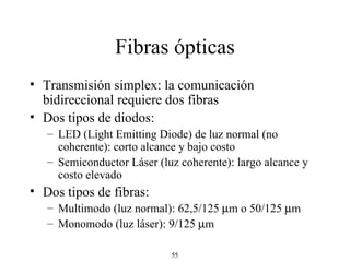 Fibras ópticas Transmisión simplex: la comunicación bidireccional requiere dos fibras Dos tipos de diodos:  LED (Light Emitting Diode) de luz normal (no coherente): corto alcance y bajo costo Semiconductor Láser (luz coherente): largo alcance y costo elevado Dos tipos de fibras: Multimodo (luz normal): 62,5/125   m o 50/125   m  Monomodo (luz láser): 9/125   m  