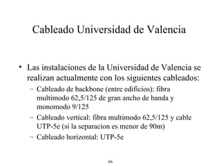 Cableado Universidad de Valencia  Las instalaciones de la Universidad de Valencia se realizan actualmente con los siguientes cableados: Cableado de backbone (entre edificios): fibra multimodo 62,5/125 de gran ancho de banda y monomodo 9/125 Cableado vertical: fibra multimodo 62,5/125 y cable UTP-5e (si la separacion es menor de 90m) Cableado horizontal: UTP-5e 