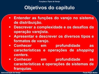 Funções e Tipos de Varejo                    4



                          Objetivos do capítulo

          Entender as funções do varejo no sistema
           de distribuição.
          Descrever a complexidade e os desafios da
           operação varejista.
          Apresentar e descrever os diversos tipos e
           formatos de varejo.
          Conhecer       em      profundidade     as
           características e operações de shopping
           centers.
          Conhecer       em      profundidade     as
           características e operações de sistemas de
           franquias.
Administração de Varejo                                     Fauze Najib Mattar
 