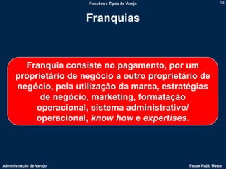 Funções e Tipos de Varejo                   54



                          Franquias



        Franquia consiste no pagamento, por um
      proprietário de negócio a outro proprietário de
      negócio, pela utilização da marca, estratégias
            de negócio, marketing, formatação
           operacional, sistema administrativo/
           operacional, know how e expertises.




Administração de Varejo                               Fauze Najib Mattar
 