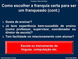 Funções e Tipos de Varejo                   71



 Como escolher a franquia certa para ser
        um franqueado (cont.)

  1.   Gosta de ensinar?
  2.   Já teve experiência bem-sucedida de ensino
       (como professor, supervisor, coordenador ou
       diretor de escola)?
  3.   Tem facilidade no relacionamento com alunos?


                          Escola ou treinamento de
                          línguas, computação etc.

Administração de Varejo                                     Fauze Najib Mattar
 