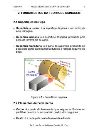Capítulo II FUNDAMENTOS DA TEORIA DE USINAGEM
Prof. Luiz Carlos de Cesaro Cavaler, Dr. Eng.
1
2. FUNDAMENTOS DA TEORIA DE USINAGEM
2.1 Superfícies na Peça
 Superfície a usinar: é a superfície da peça a ser removida
pela usinagem.
 Superfície usinada: é a superfície desejada, produzida pela
ação da ferramenta de corte.
 Superfície transitória: é a parte da superfície produzida na
peça pelo gume da ferramenta durante a rotação seguinte da
peça.
Figura 2.1 - Superfícies na peça.
2.2 Elementos da Ferramenta
 Corpo: é a parte da ferramenta que segura as lâminas ou
pastilhas de corte ou no qual são produzidos os gumes.
 Haste: é a parte pela qual a ferramenta é fixada.
superfície a usinar
 
