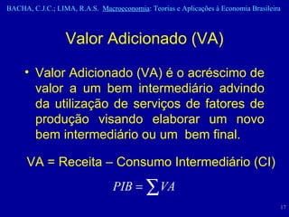 Valor Adicionado (VA) Valor Adicionado (VA) é o acréscimo de valor a um bem intermediário advindo da utilização de serviços de fatores de produção visando elaborar um novo bem intermediário ou um  bem final. VA = Receita – Consumo Intermediário (CI) 