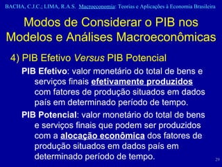 Modos de Considerar o PIB nos Modelos e Análises Macroeconômicas 4) PIB Efetivo  Versus  PIB Potencial PIB Efetivo : valor monetário do total de bens e serviços finais  efetivamente produzidos  com fatores de produção situados em dados país em determinado período de tempo. PIB Potencial : valor monetário do total de bens e serviços finais que podem ser produzidos com a  alocação econômica  dos fatores de produção situados em dados país em determinado período de tempo. 