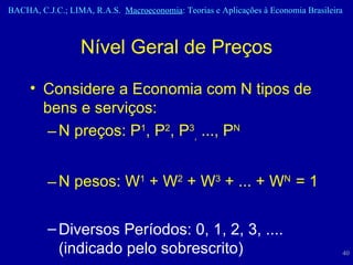 Considere a Economia com N tipos de bens e serviços: N preços: P 1 , P 2 , P 3 ,  ..., P N N pesos: W 1  + W 2  + W 3  + ... + W N   = 1 Diversos Períodos: 0, 1, 2, 3, .... (indicado pelo sobrescrito) Nível Geral de Preços 