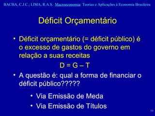 Déficit Orçamentário Déficit orçamentário (= déficit público) é o excesso de gastos do governo em relação a suas receitas D = G – T A questão é: qual a forma de financiar o déficit público????? Via Emissão de Meda Via Emissão de Títulos 
