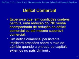 Déficit Comercial Espera-se que, em condições  coeteris paribus , uma redução do PIB venha acompanhada de redução do déficit comercial ou até mesmo superávit comercial. Um déficit comercial persistente implicará pressões sobre a taxa de câmbio quando a entrada de capitais externos no país diminuir. 