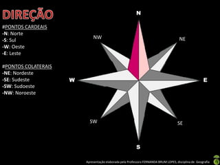 Apresentação elaborada pela Professora FERNANDA BRUM LOPES, disciplina de Geografia
N
NW
SW
W
S
E
SE
NE
#PONTOS CARDEAIS
-N: Norte
-S: Sul
-W: Oeste
-E: Leste
#PONTOS COLATERAIS
-NE: Nordeste
-SE: Sudeste
-SW: Sudoeste
-NW: Noroeste
 