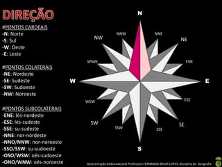 Apresentação elaborada pela Professora FERNANDA BRUM LOPES, disciplina de Geografia
N
NW
SW
W
S
E
SE
NE
#PONTOS CARDEAIS
-N: Norte
-S: Sul
-W: Oeste
-E: Leste
#PONTOS COLATERAIS
-NE: Nordeste
-SE: Sudeste
-SW: Sudoeste
-NW: Noroeste
#PONTOS SUBCOLATERAIS
-ENE: lés-nordeste
-ESE: lés-sudeste
-SSE: su-sudeste
-NNE: nor-nordeste
-NNO/NNW: nor-noroeste
-SSO/SSW: su-sudoeste
-OSO/WSW: oés-sudoeste
-ONO/WNW: oés-noroeste
NNW
WNW
NNE
ENE
ESE
SSESSW
WSW
 