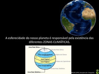 Apresentação elaborada pela Professora FERNANDA BRUM LOPES, disciplina de Geografia
A esferecidade do nosso planeta é responsável pela existência das
diferentes ZONAS CLIMÁTICAS.
 