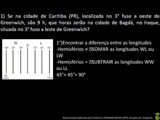 Apresentação elaborada pela Professora FERNANDA BRUM LOPES, disciplina de Geografia
1°)Encontrar a diferença entre as longitudes
-Hemisférios ≠ SOMAR as longitudes WL ou
LW
-Hemisférios = SUBTRAIR as longitudes WW
ou LL
45°+ 45°= 90°
 