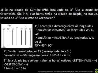 Apresentação elaborada pela Professora FERNANDA BRUM LOPES, disciplina de Geografia
1°)Encontrar a diferença entre as longitudes
-Hemisférios ≠ SOMAR as longitudes WL ou
LW
-Hemisférios = SUBTRAIR as longitudes WW
ou LL
45°+ 45°= 90°
2°)Dividir o resultado por 15 (correspondente a 1h)
Encontra-se a diferença em horas 90°÷15 = 6 hs
3°)Se a cidade (que se quer saber as horas) estiver: -LESTE + (W L = +)
-OESTE -(L W = -)
9 hs+ 6 hs= 15 hs
 