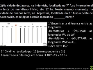 Apresentação elaborada pela Professora FERNANDA BRUM LOPES, disciplina de Geografia
1°)Encontrar a diferença entre as
longitudes
-Hemisférios ≠ SOMAR as
longitudes WL ou LW
-Hemisférios = SUBTRAIR as
longitudes WW ou LL
105°+ 45°= 150°
2°)Dividir o resultado por 15 (correspondente a 1h)
Encontra-se a diferença em horas 105°÷15 = 10 hs
 