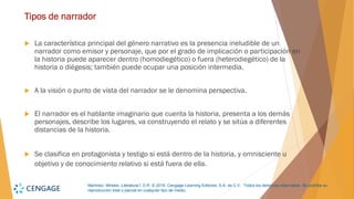 Martínez, Mireles. Literatura I. D.R. © 2018, Cengage Learning Editores, S.A. de C.V. Todos los derechos reservados. Se prohíbe su
reproducción total o parcial en cualquier tipo de medio.
Tipos de narrador
 La característica principal del género narrativo es la presencia ineludible de un
narrador como emisor y personaje, que por el grado de implicación o participación en
la historia puede aparecer dentro (homodiegético) o fuera (heterodiegético) de la
historia o diégesis; también puede ocupar una posición intermedia.
 A la visión o punto de vista del narrador se le denomina perspectiva.
 El narrador es el hablante imaginario que cuenta la historia, presenta a los demás
personajes, describe los lugares, va construyendo el relato y se sitúa a diferentes
distancias de la historia.
 Se clasifica en protagonista y testigo si está dentro de la historia, y omnisciente u
objetivo y de conocimiento relativo si está fuera de ella.
 