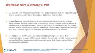 Martínez, Mireles. Literatura I. D.R. © 2018, Cengage Learning Editores, S.A. de C.V. Todos los derechos reservados. Se prohíbe su
reproducción total o parcial en cualquier tipo de medio.
Diferencias entre la leyenda y el mito
 Las leyendas y los mitos constituyen el precioso bagaje espiritual de todos los pueblos, con
ellos se han preservado hechos ocurridos en los tiempos más remotos.
 La leyenda es una narración tradicional por excelencia. Contiene elementos ficticios,
sobrenaturales, solo que los hechos sí ocurren en un tiempo y espacio reales, y por ello se
considera que el relato es verdadero; es decir, que ocurrió en un momento, en un contexto
histórico. Existen hermosísimas leyendas mexicanas, tanto de la época prehispánica como
de la época colonial, algunas tan populares que han trascendido sus fronteras.
 Los mitos no son mentiras, sino explicaciones lógicas a los grandes temas de la
humanidad, como el origen del hombre, la creación del universo, y en este mundo ficcional
una idealización de las aspiraciones humanas; son parte de la riqueza cultural de los
pueblos de la Antigüedad.
 