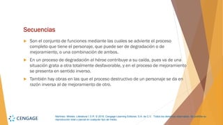 Martínez, Mireles. Literatura I. D.R. © 2018, Cengage Learning Editores, S.A. de C.V. Todos los derechos reservados. Se prohíbe su
reproducción total o parcial en cualquier tipo de medio.
Secuencias
 Son el conjunto de funciones mediante las cuales se advierte el proceso
completo que tiene el personaje, que puede ser de degradación o de
mejoramiento, o una combinación de ambos.
 En un proceso de degradación el héroe contribuye a su caída, pues va de una
situación grata a otra totalmente desfavorable, y en el proceso de mejoramiento
se presenta en sentido inverso.
 También hay obras en las que el proceso destructivo de un personaje se da en
razón inversa al de mejoramiento de otro.
 