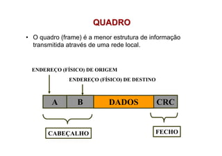 QUADRO
• O quadro (frame) é a menor estrutura de informação
  transmitida através de uma rede local.


  ENDEREÇO (FÍSICO) DE ORIGEM
              ENDEREÇO (FÍSICO) DE DESTINO



        A        B         DADOS             CRC


       CABEÇALHO                           FECHO
 