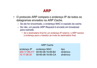 ARP
• O protocolo ARP compara o endereço IP de todos os
  datagramas enviados na ARP Cache.
   – Se ele for encontrado, o endereço MAC é copiado da cache.
   – Se não, um pacote ARP Request é enviado em broadcast
     para subrede.
      • Se o destinatário final for um endereço IP externo, o ARP resolve
        o endereço para o roteador ao invés do destinatário final.



                           ARP Cache
    endereço IP   endereço MAC                  tipo
    200.17.98.217 00-60-08-16-85-B3             dinâmico
    10.17.98.30   00-60-08-16-85-CA             dinâmico
 