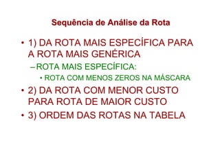 Sequência de Análise da Rota

• 1) DA ROTA MAIS ESPECÍFICA PARA
  A ROTA MAIS GENÉRICA
 – ROTA MAIS ESPECÍFICA:
   • ROTA COM MENOS ZEROS NA MÁSCARA
• 2) DA ROTA COM MENOR CUSTO
  PARA ROTA DE MAIOR CUSTO
• 3) ORDEM DAS ROTAS NA TABELA
 