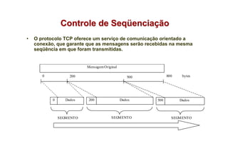 Controle de Seqüenciação
•   O protocolo TCP oferece um serviço de comunicação orientado a
    conexão, que garante que as mensagens serão recebidas na mesma
    seqüência em que foram transmitidas.


                           Mensagem Original

       0            200                           500         800    bytes




           0      Dados    200                 Dados    500         Dados



               SEGM ENTO                SEGM ENTO               SEGM ENTO
 