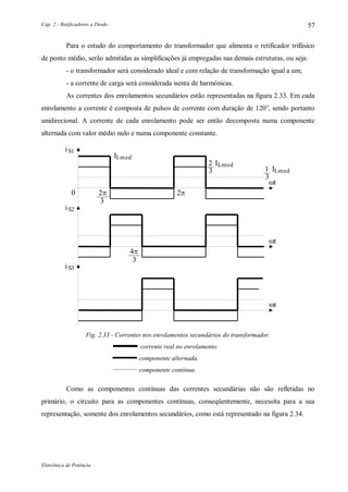 Cap. 2 - Retificadores a Diodo
Eletrônica de Potência
57
Para o estudo do comportamento do transformador que alimenta o retificador trifásico
de ponto médio, serão admitidas as simplificações já empregadas nas demais estruturas, ou seja:
- o transformador será considerado ideal e com relação de transformação igual a um;
- a corrente de carga será considerada isenta de harmônicas.
As correntes dos enrolamentos secundários estão representadas na figura 2.33. Em cada
enrolamento a corrente é composta de pulsos de corrente com duração de 120o
, sendo portanto
unidirecional. A corrente de cada enrolamento pode ser então decomposta numa componente
alternada com valor médio nulo e numa componente constante.
iS1
iS2
iS3
ILmed
3

3

0
ILmed2
3 Lmed1
3
I
t
t
t
Fig. 2.33 - Correntes nos enrolamentos secundários do transformador.
corrente real no enrolamento.
componente alternada.
componente contínua.
Como as componentes contínuas das correntes secundárias não são refletidas no
primário, o circuito para as componentes contínuas, conseqüentemente, necessita para a sua
representação, somente dos enrolamentos secundários, como está representado na figura 2.34.
 