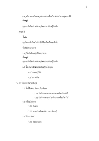 3




       6. ครู อธิ บายการกําหนดรู ปแบบการเคลือนไหวและกําหนดคุณสมบัติ
       ขันสรุ ป

       ครู และนักเรี ยนร่ วมกันสรุ ปสาระการเรี ยนรู ้ร่วมกัน

   คาบที 2

       ขันนํา
       ครู ซกถามนักเรี ยนในสิ งทีได้เรี ยนไปเมือคาบทีแล้ว
            ั

       ขันดําเนินการสอน
       1. ครู ให้นกเรี ยนปฏิบติตามใบงาน
                  ั          ั
       ขันสรุ ป
       ครู และนักเรี ยนร่ วมกันสรุ ปสาระการเรี ยนรู ้ร่วมกัน

       6.2. ชิ นงาน/หลักฐานการเรี ยนรู้ ของผู้เรียน
                  6.1 ใบความรู ้ที 3
                  6.2 ใบงานที 3

7. การวัดและการประเมินผล
       7.1 สิ งทีต้องการวัดและประเมินผล
                          7.2.1 นักเรี ยนสามารถแทรกภาพเคลือนไหวได้
                          7.2.2 นักเรี ยนสามารถใส่ ขอความเคลือนไหวได้
                                                    ้
       7.2 เครื องมือวัดผล
                  7.2.1 ใบงาน
                  7.2.2 แบบประเมินพฤติกรรมการเรี ยนรู ้
       7.3 วิธีการวัดผล
                  7.3.1 ตรวจใบงาน
 