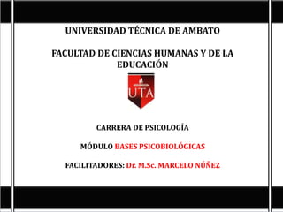 UNIVERSIDAD TÉCNICA DE AMBATO

FACULTAD DE CIENCIAS HUMANAS Y DE LA
             EDUCACIÓN




         CARRERA DE PSICOLOGÍA

     MÓDULO BASES PSICOBIOLÓGICAS

  FACILITADORES: Dr. M.Sc. MARCELO NÚÑEZ
 