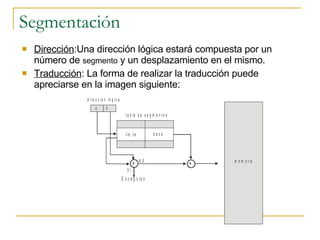 Segmentación <ul><li>Dirección :Una dirección lógica estará compuesta por un número de  segmento  y un desplazamiento en e...