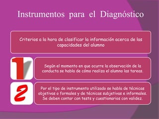 Instrumentos para el Diagnóstico

Criterios a la hora de clasificar la información acerca de las
                   capacidades del alumno



            Según el momento en que ocurre la observación de la
           conducta se habla de cómo realiza el alumno las tareas.



          Por el tipo de instrumento utilizado se habla de técnicas
         objetivas o formales y de técnicas subjetivas e informales.
           Se deben contar con tests y cuestionarios con validez.
 