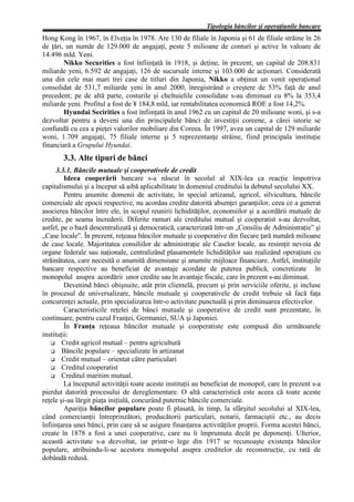 Tipologia băncilor şi operaţiunile bancare
Hong Kong în 1967, în Elveţia în 1978. Are 130 de filiale în Japonia şi 61 de filiale străine în 26
de ţări, un număr de 129.000 de angajaţi, peste 5 milioane de conturi şi active în valoare de
14.496 mld. Yeni.
        Nikko Securities a fost înfiinţată în 1918, şi deţine, în prezent, un capital de 208.831
miliarde yeni, 6.592 de angajaţi, 126 de sucursale interne şi 103.000 de acţionari. Considerată
una din cele mai mari trei case de titluri din Japonia, Nikko a obţinut un venit operaţional
consolidat de 531,7 miliarde yeni în anul 2000, înregistrând o creştere de 53% faţă de anul
precedent; pe de altă parte, costurile şi cheltuielile consolidate s-au diminuat cu 8% la 353,4
miliarde yeni. Profitul a fost de ¥ 184,8 mld, iar rentabilitatea economică ROE a fost 14,2%.
        Hyundai Secirities a fost înfiinţată în anul 1962 cu un capital de 20 milioane woni, şi s-a
dezvoltat pentru a deveni una din principalele bănci de investiţii coreene, a cărei istorie se
confundă cu cea a pieţei valorilor mobiliare din Coreea. În 1997, avea un capital de 129 miliarde
woni, 1.709 angajaţi, 75 filiale interne şi 5 reprezentanţe străine, fiind principala instituţie
financiară a Grupului Hyundai.
       3.3. Alte tipuri de bănci
      3.3.1. Băncile mutuale şi cooperativele de credit
         Ideea cooperării bancare s-a născut în secolul al XIX-lea ca reacţie împotriva
capitalismului şi a început să aibă aplicabilitate în domeniul creditului la debutul secolului XX.
         Pentru anumite domenii de activitate, în special artizanal, agricol, silvicultura, băncile
comerciale ale epocii respective, nu acordau credite datorită absenţei garanţiilor, ceea ce a generat
asocierea băncilor între ele, în scopul reunirii lichidităţilor, economiilor şi a acordării mutuale de
credite, pe seama încrederii. Diferite ramuri ale creditului mutual şi cooperatist s-au dezvoltat,
astfel, pe o bază descentralizată şi democratică, caracterizată într-un „Consiliu de Administraţie” şi
„Case locale”. În prezent, reţeaua băncilor mutuale şi cooperative din fiecare ţară numără milioane
de case locale. Majoritatea consiliilor de administraţie ale Caselor locale, au resimţit nevoia de
organe federale sau naţionale, centralizând plasamentele lichidităţilor sau realizând operaţiuni cu
străinătatea, care necesită o anumită dimensiune şi anumite mijloace financiare. Astfel, instituţiile
bancare respective au beneficiat de avantaje acordate de puterea publică, concretizate în
monopolul asupra acordării unor credite sau în avantaje fiscale, care în prezent s-au diminuat.
         Devenind bănci obişnuite, atât prin clientelă, precum şi prin serviciile oferite, şi incluse
în procesul de universalizare, băncile mutuale şi cooperativele de credit trebuie să facă faţa
concurenţei actuale, prin specializarea într-o activitate punctuală şi prin diminuarea efectivelor.
         Caracteristicile reţelei de bănci mutuale şi cooperative de credit sunt prezentate, în
continuare, pentru cazul Franţei, Germaniei, SUA şi Japoniei.
         În Franţa reţeaua băncilor mutuale şi cooperatiste este compusă din următoarele
instituţii:
        Credit agricol mutual – pentru agricultură
        Băncile populare – specializate în artizanat
        Credit mutual – orientat către particulari
        Creditul cooperatist
        Creditul maritim mutual.
         La începutul activităţii toate aceste instituţii au beneficiat de monopol, care în prezent s-a
pierdut datorită procesului de dereglementare. O altă caracteristică este aceea că toate aceste
reţele şi-au lărgit piaţa iniţială, concurând puternic băncile comerciale.
         Apariţia băncilor populare poate fi plasată, în timp, la sfârşitul secolului al XIX-lea,
când comercianţii întreprinzători, producătorii particulari, notarii, farmaciştii etc., au decis
înfiinţarea unei bănci, prin care să se asigure finanţarea activităţilor proprii. Forma acestei bănci,
create în 1878 a fost a unei cooperative, care nu îi împrumuta decât pe deponenţi. Ulterior,
această activitate s-a dezvoltat, iar printr-o lege din 1917 se recunoaşte existenţa băncilor
populare, atribuindu-li-se acestora monopolul asupra creditelor de reconstrucţie, cu rată de
dobândă redusă.
 