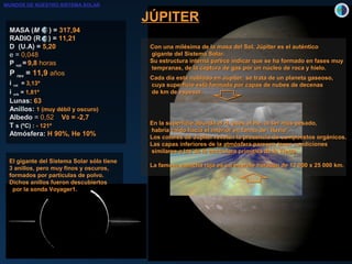 Con una milésima de la masa del Sol, Júpiter es el auténticoCon una milésima de la masa del Sol, Júpiter es el auténtico
gigante del Sistema Solar.gigante del Sistema Solar.
Su estructura interna parece indicar que se ha formado en fases muySu estructura interna parece indicar que se ha formado en fases muy
tempranas, de la captura de gas por un núcleo de roca y hielo.tempranas, de la captura de gas por un núcleo de roca y hielo.
Cada día está nublado en Júpiter: se trata de un planeta gaseoso,Cada día está nublado en Júpiter: se trata de un planeta gaseoso,
cuya superficie está formada por capas de nubes de decenascuya superficie está formada por capas de nubes de decenas
de km de espesor.de km de espesor.
JÚPITERJÚPITER
MASA (MASA (MM )) == 317,94317,94
RADIO (R )RADIO (R ) == 11,2111,21
D (U.A) = 5,20
e =e = 0,0,048048
PP rotrot == 9,89,8 horashoras
PP revrev == 11,911,9 añosaños
ii rotrot == 3,133,13ºº
ii orborb == 1,811,81ºº
LunasLunas:: 6363
AnillosAnillos:: 1 (muy débil y oscuro)1 (muy débil y oscuro)
AlbedoAlbedo == 0,0,5252 VV00 = -2,7= -2,7
TT s (ºC) :s (ºC) : - 121º- 121º
AtmósferAtmósfera:a: H 90%, He 10%H 90%, He 10%
En la superficie abunda el H, pues el He, al ser más pesado,En la superficie abunda el H, pues el He, al ser más pesado,
habría caído hacia el interior en forma de “lluvia”.habría caído hacia el interior en forma de “lluvia”.
Los colores de Júpiter revelan la presencia de compuestos orgánicos.Los colores de Júpiter revelan la presencia de compuestos orgánicos.
Las capas inferiores de la atmósfera parecen tener condicionesLas capas inferiores de la atmósfera parecen tener condiciones
similares a las de la atmósfera primitiva de la Tierra.similares a las de la atmósfera primitiva de la Tierra.
La famosa mancha roja es un enorme huracán de 12 000 x 25 000 km.La famosa mancha roja es un enorme huracán de 12 000 x 25 000 km.
El gigante del Sistema Solar sólo tieneEl gigante del Sistema Solar sólo tiene
3 anillos, pero muy finos y oscuros,3 anillos, pero muy finos y oscuros,
formados por partículas de polvo.formados por partículas de polvo.
Dichos anillos fueron descubiertosDichos anillos fueron descubiertos
por la sonda Voyager1.por la sonda Voyager1.
MUNDOS DE NUESTRO SISTEMA SOLAR
 