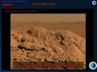 MARTEMARTE
En búsqueda de :En búsqueda de :
- Evidencias de la pasada existenciaEvidencias de la pasada existencia
de agua líquida en la superficie marciana.de agua líquida en la superficie marciana.
- Posibles formas de VIDA.- Posibles formas de VIDA.
SpiritSpirit se está encargando de inspeccionarse está encargando de inspeccionar
la zona del Crater Gusev, posiblementela zona del Crater Gusev, posiblemente
el lecho de un antiguo lago.el lecho de un antiguo lago.
Existen pruebas fiables de queExisten pruebas fiables de que
antiguamente había agua líquida,antiguamente había agua líquida,
lo que podría significar que,lo que podría significar que,
en algún momento, se hayan dadoen algún momento, se hayan dado
condiciones ideales para la VIDA.condiciones ideales para la VIDA.
SpiritSpirit yy OpportunityOpportunity
Spirit de escalada en las “Columbia Hills”...
MUNDOS DE NUESTRO SISTEMA SOLAR
En las cimas de las “Columbia Hills”, que miden más de unos cien metros de altura,En las cimas de las “Columbia Hills”, que miden más de unos cien metros de altura,
se han encontrado rocas que parecen haber estado sumergidas en agua.se han encontrado rocas que parecen haber estado sumergidas en agua.
 